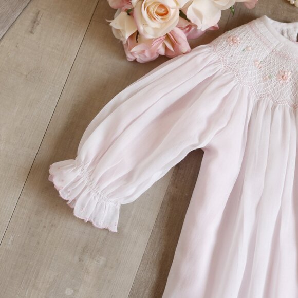 Smocked Dress Long Sleeve Bishop White Pink Embroidery Will'beth 18/24 Months - Picture 4 of 7
